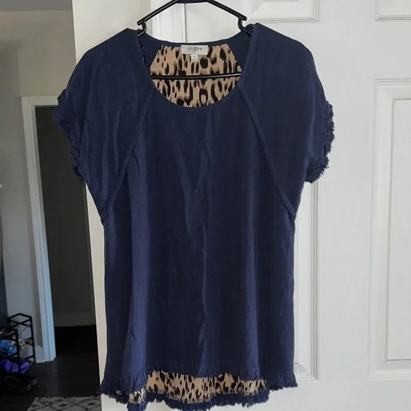 Umgee Navy Top with Leopard Print Detail - Picture 1 of 6